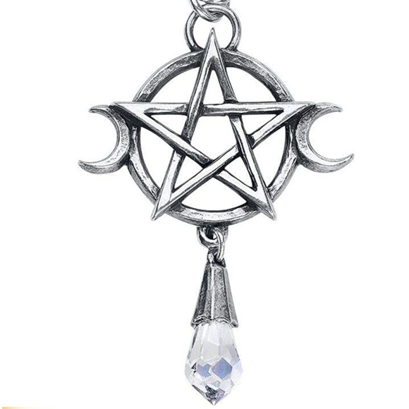 Alchemy Gothic Goddess Pendant – Triple Moon Pentagram Crystal Pewter Necklace - Picture 8 of 12